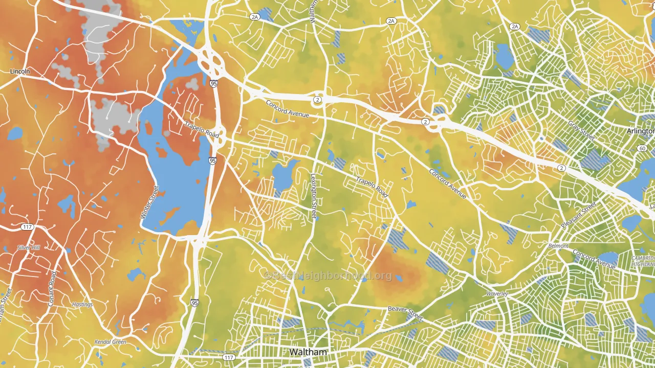 Bike Grade map of North Waltham, Waltham, MA