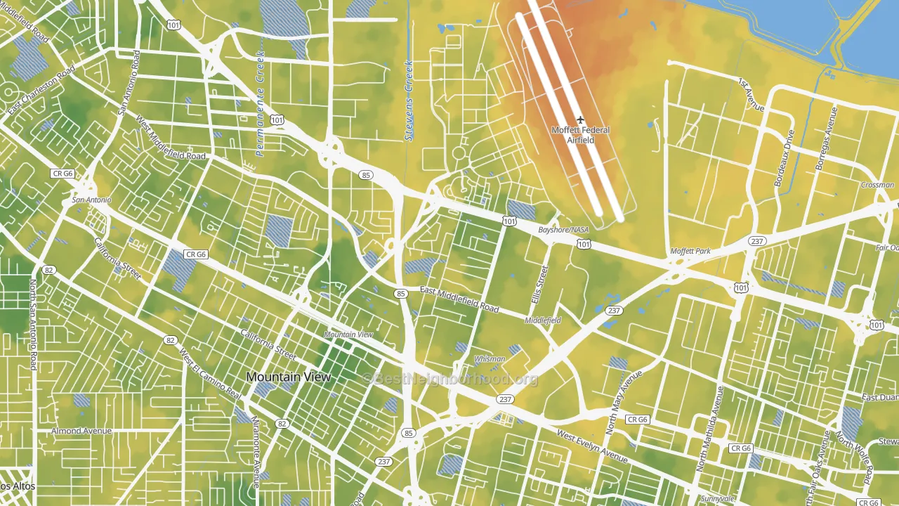 Bike Grade map of North Whisman, Mountain View, CA