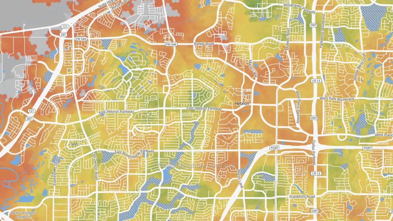 Bike Grade map of Northeast Dallas, Carrollton, TX