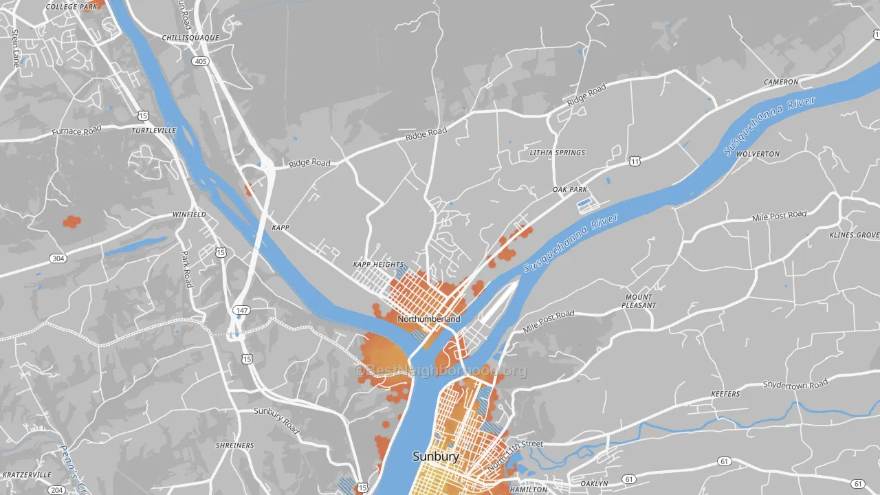 Bike Grade map of Northumberland, PA