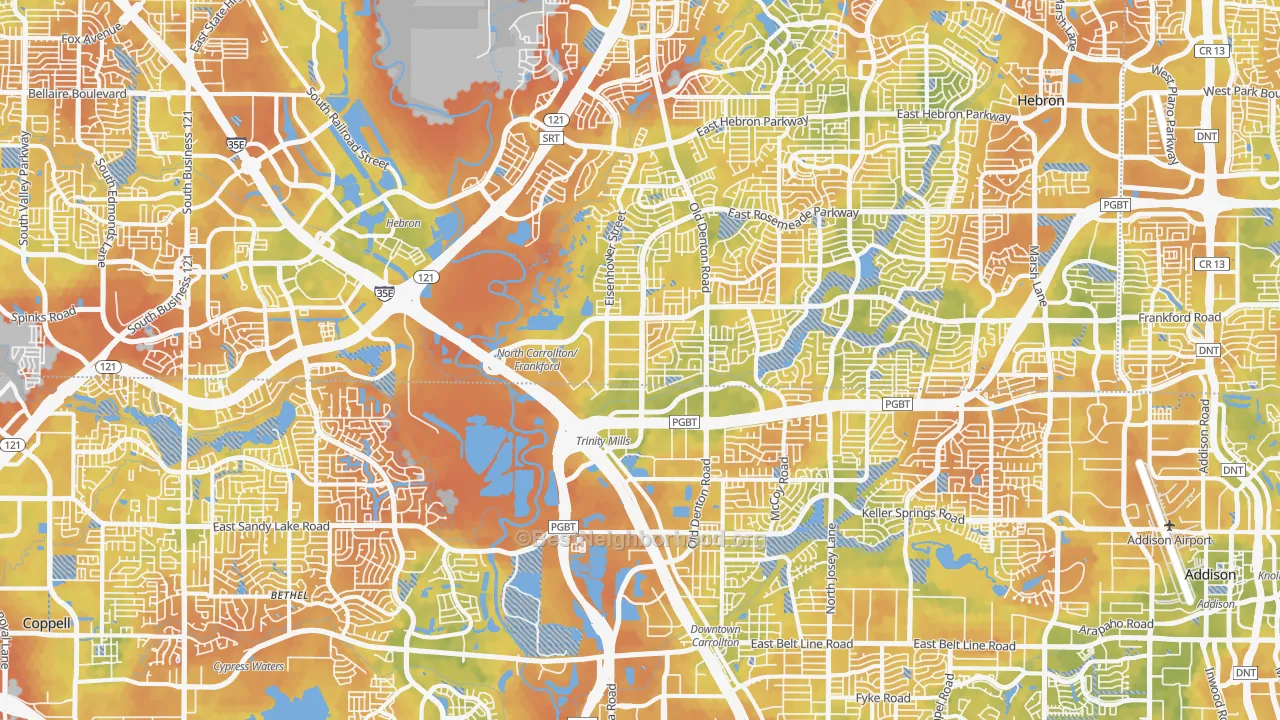 Bike Grade map of Northwest Dallas, Dallas, TX