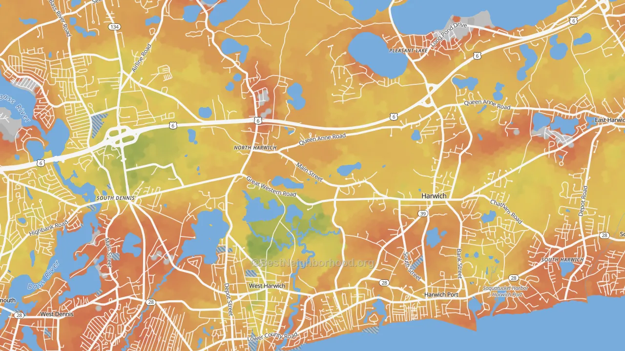 Bike Grade map of Northwest Harwich, MA