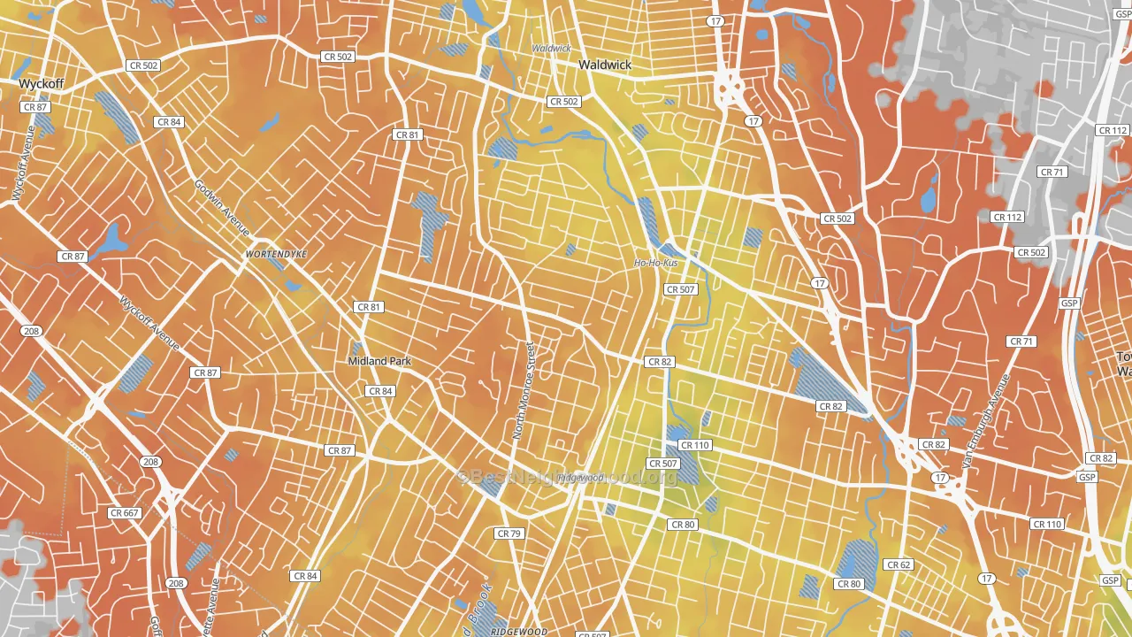 Bike Grade map of Northwest Ridgewood, Ridgewood, NJ
