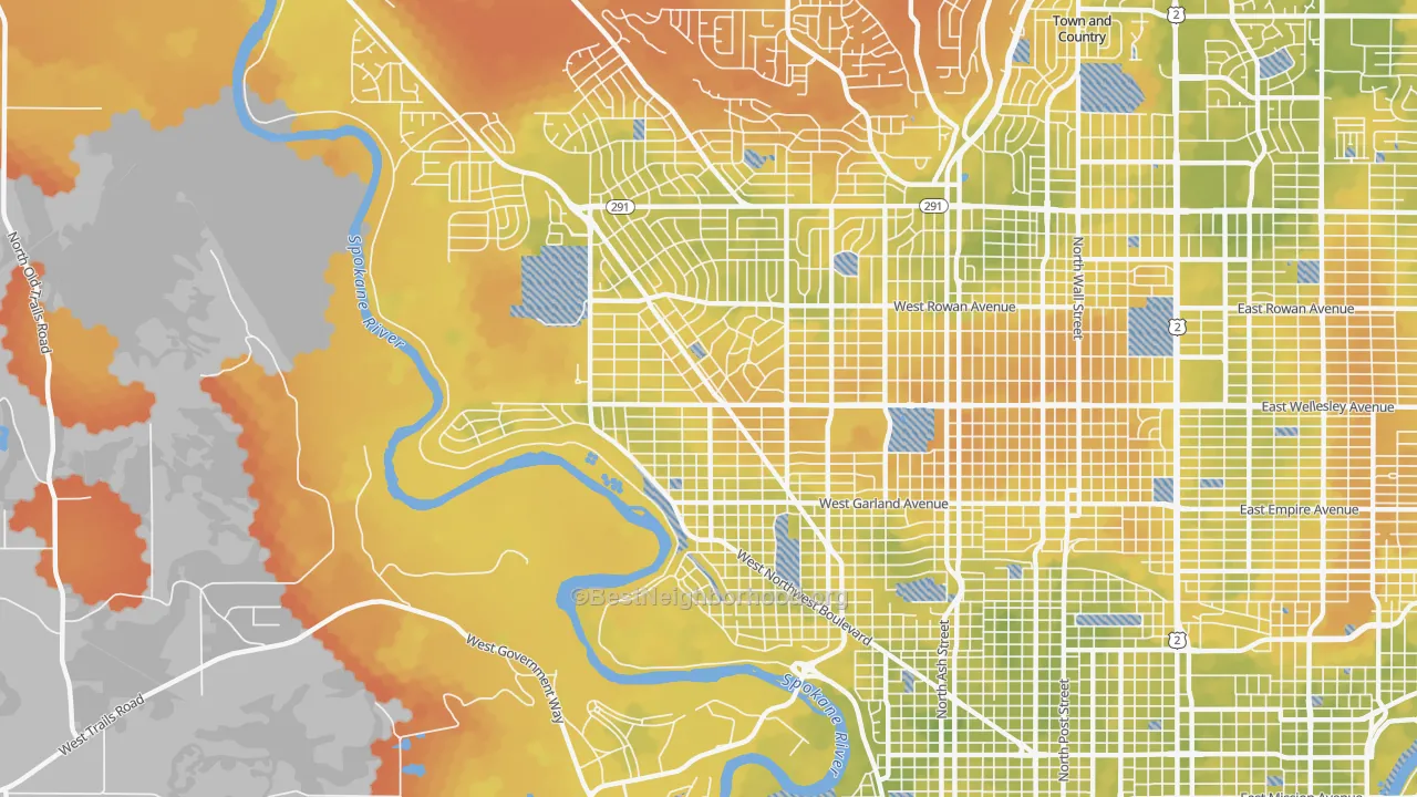 Bike Grade map of Northwest Spokane, Spokane, WA