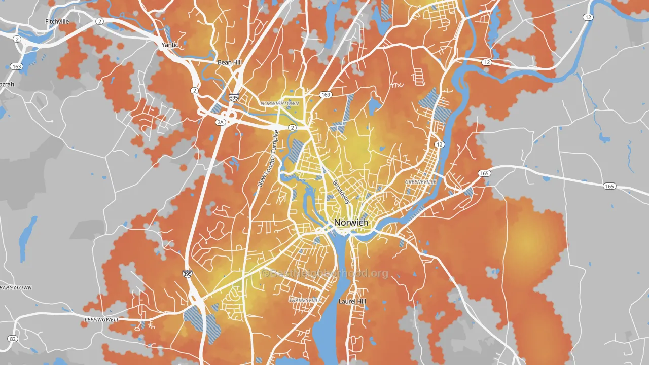 Bike Grade map of Norwich, CT