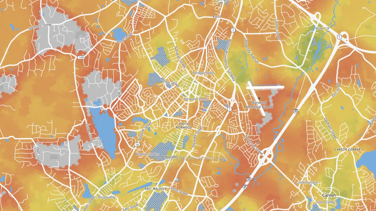 Bike Grade map of Norwood, MA