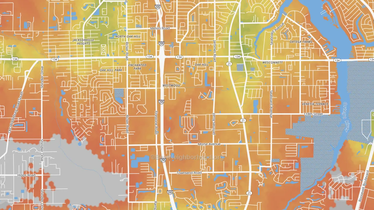 Bike Grade map of Oak Hill, Jacksonville, FL