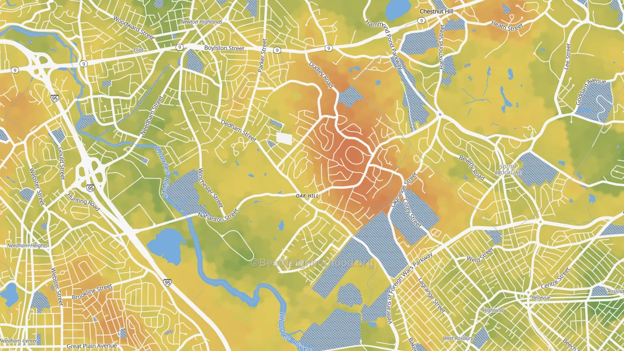 Bike Grade map of Oak Hill, Newton Center, MA