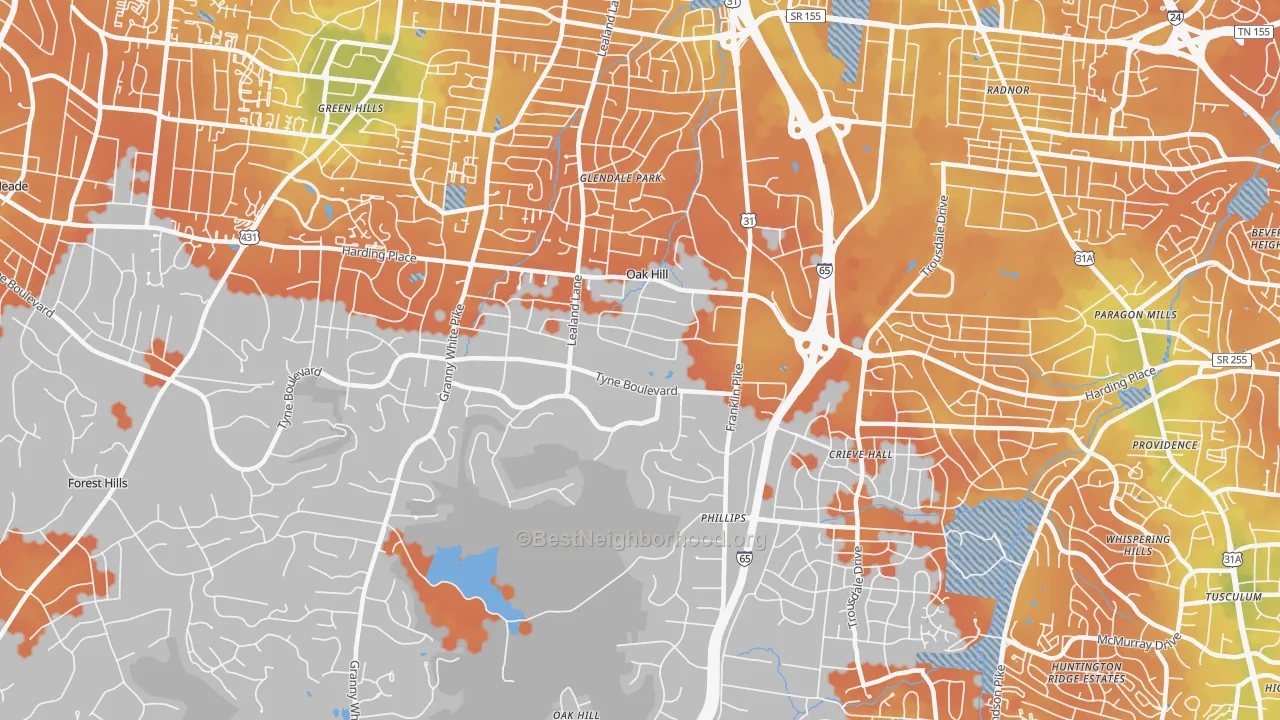Bike Grade map of Oak Hill, TN