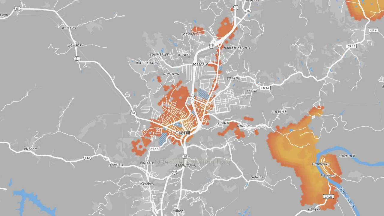 Bike Grade map of Oak Hill, WV
