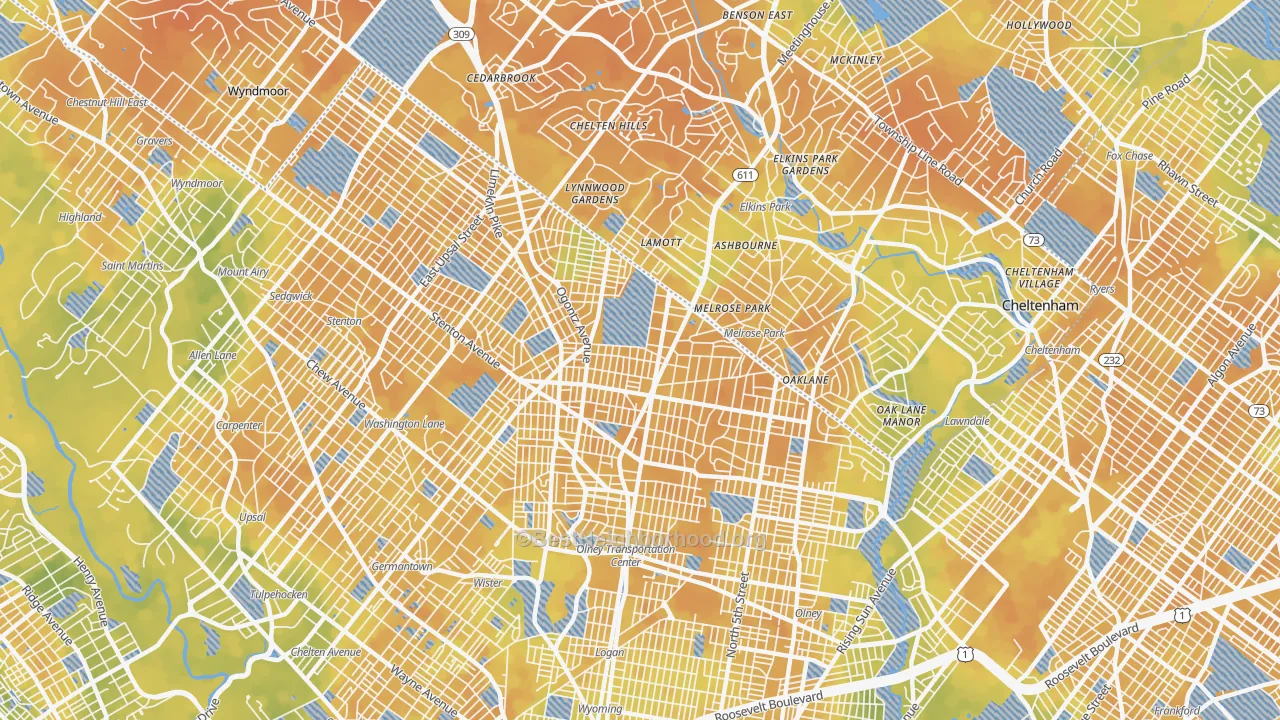Bike Grade map of Oak Lane, Philadelphia, PA