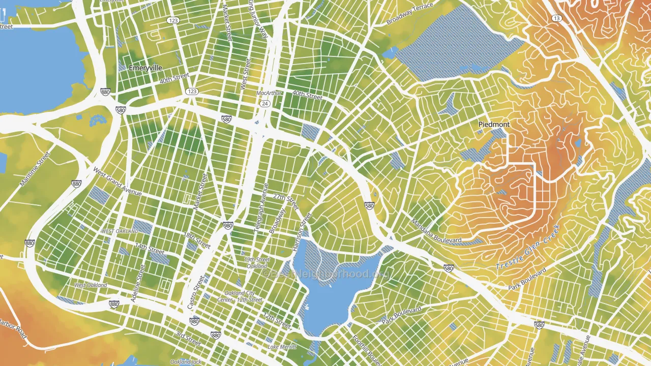 Bike Grade map of Oakland Ave-Harrison Street, Oakland, CA
