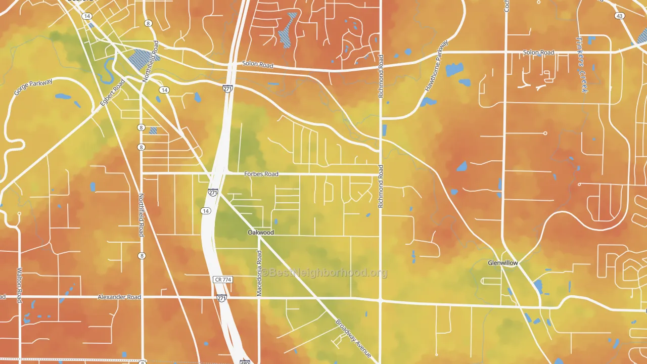 Bike Grade map of oakwood, Bedford, OH