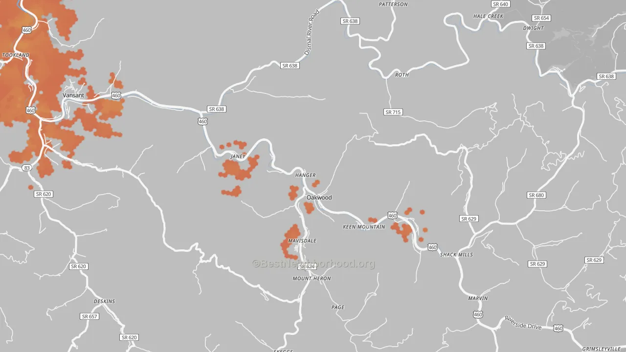 Bike Grade map of Oakwood, VA