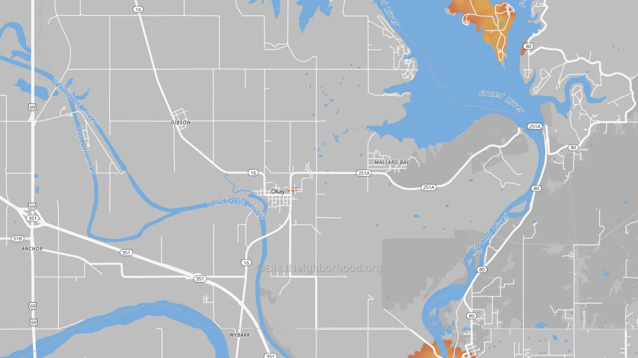 Bike Grade map of Okay, OK