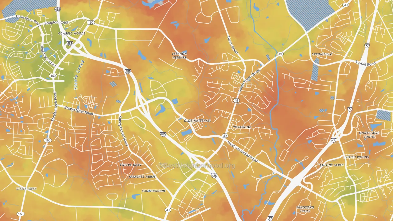 Bike Grade map of Olde Whitehall, Charlotte, NC
