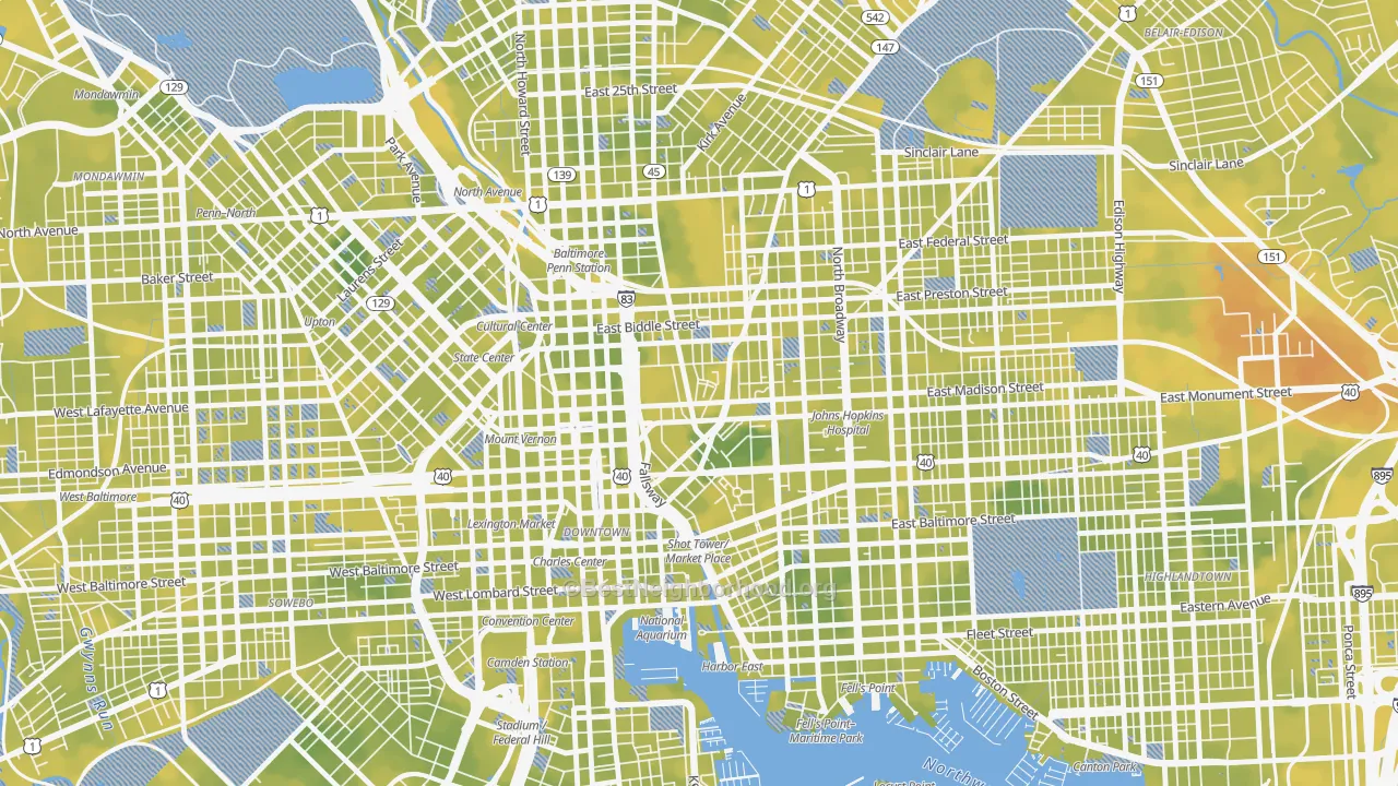 Bike Grade map of Oldtown, Baltimore, MD