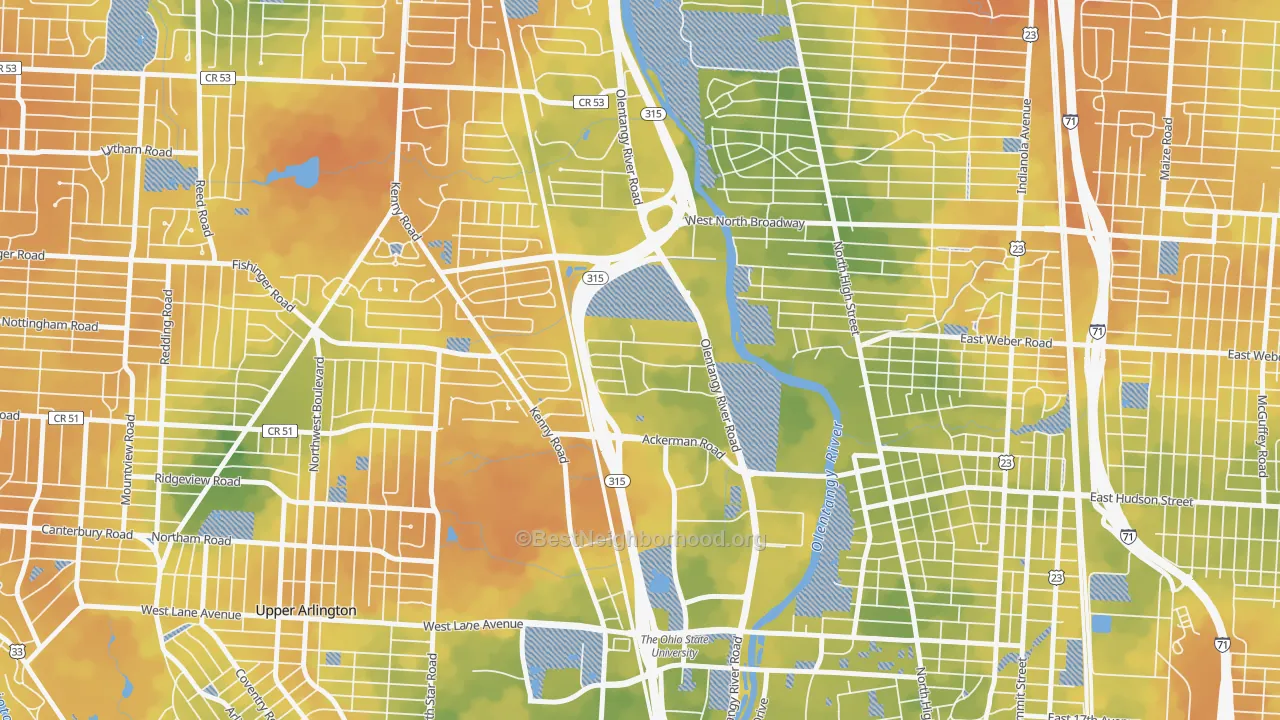 Bike Grade map of Olentangy River Road, Columbus, OH