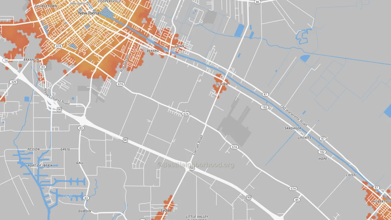 Bike Grade map of Olivier, LA