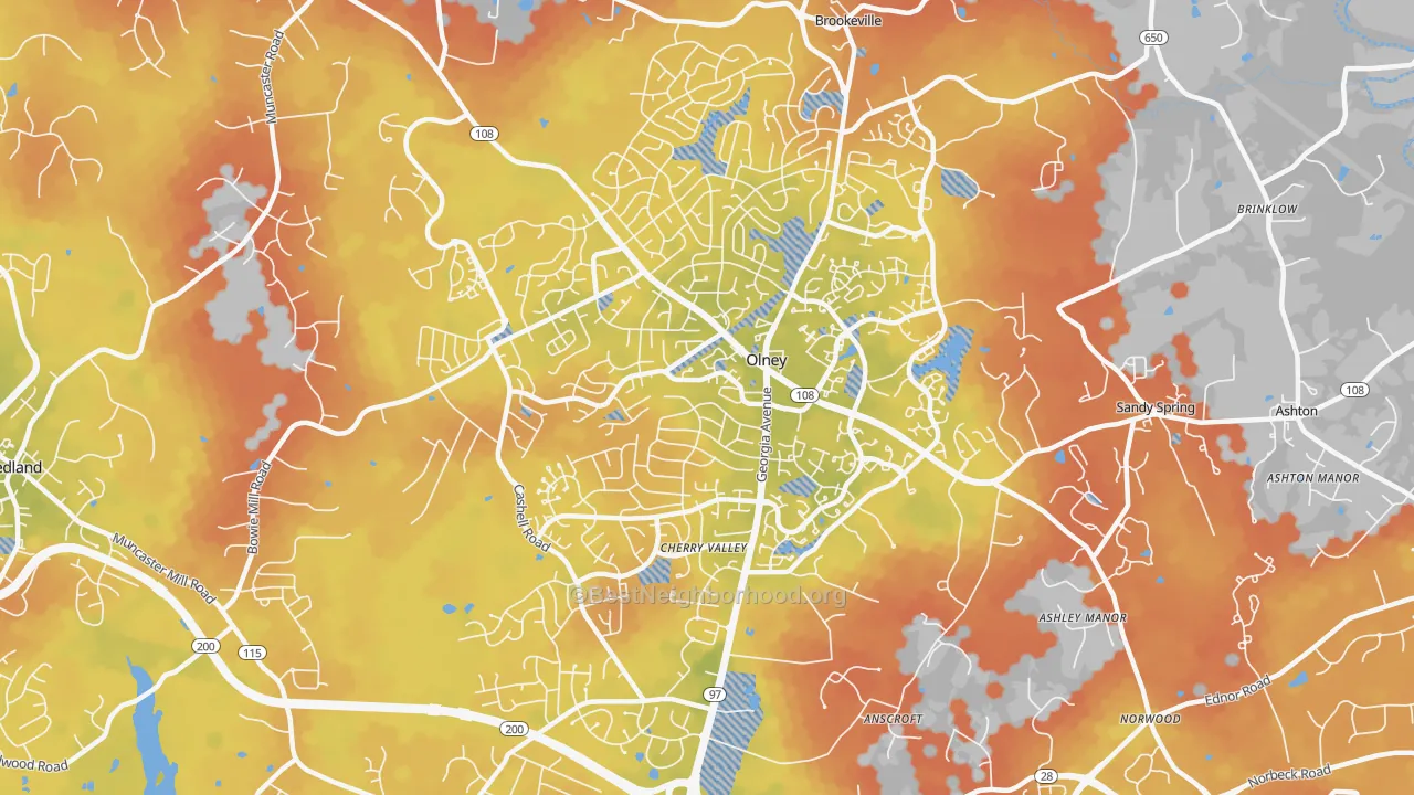 Bike Grade map of Olney, MD