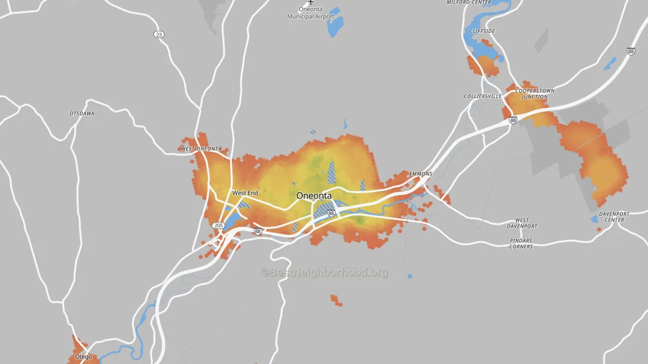 Bike Grade map of Oneonta, NY