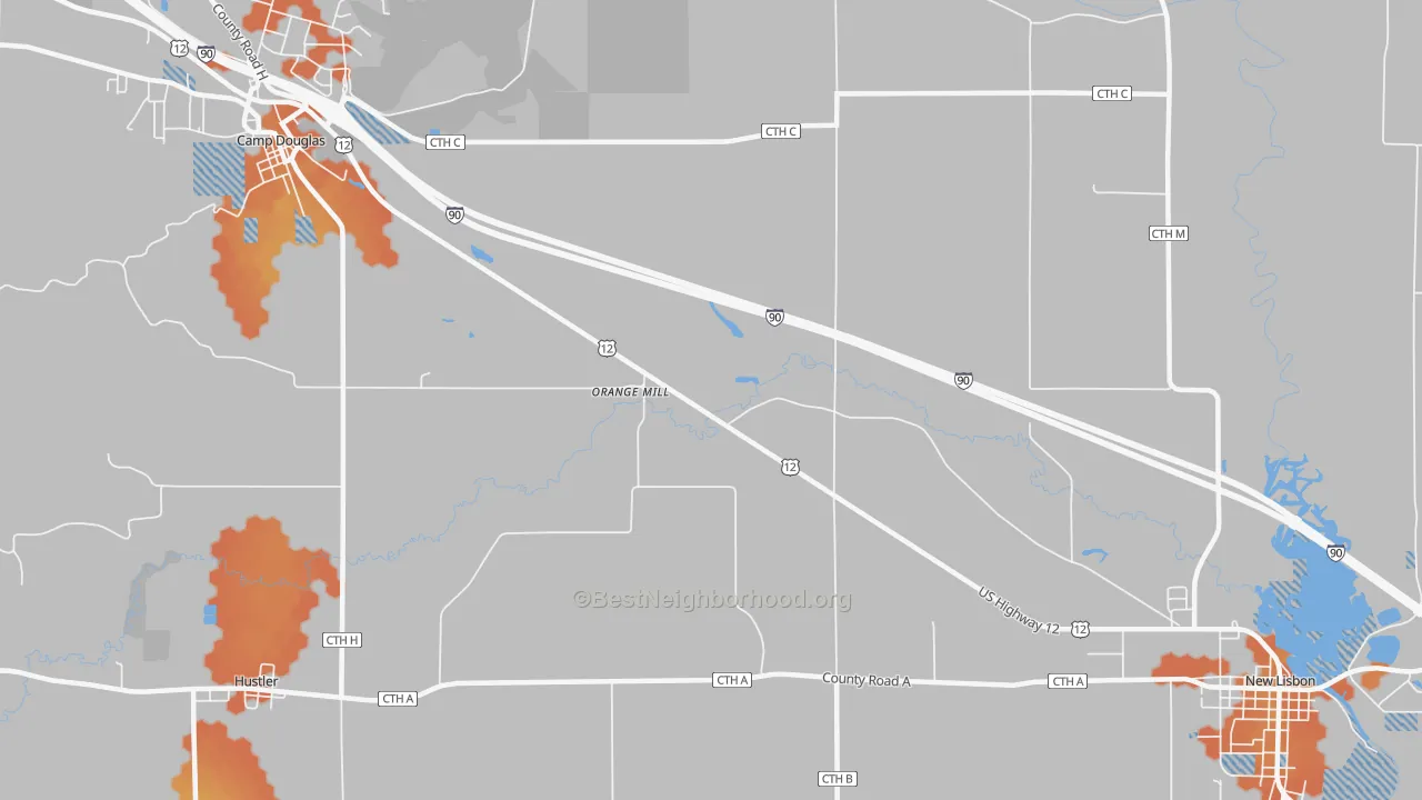 Bike Grade map of Orange Mill, WI