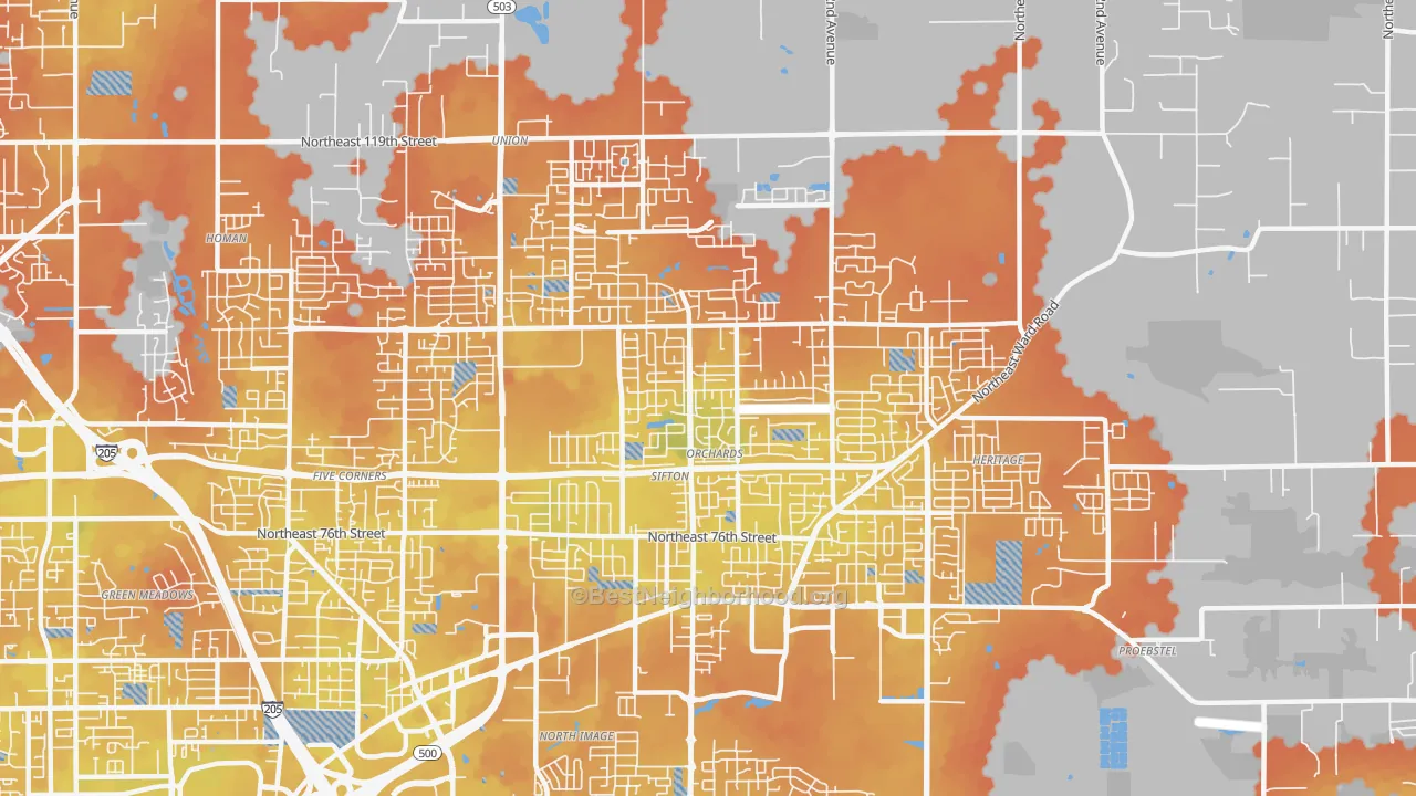 Bike Grade map of Orchards, WA