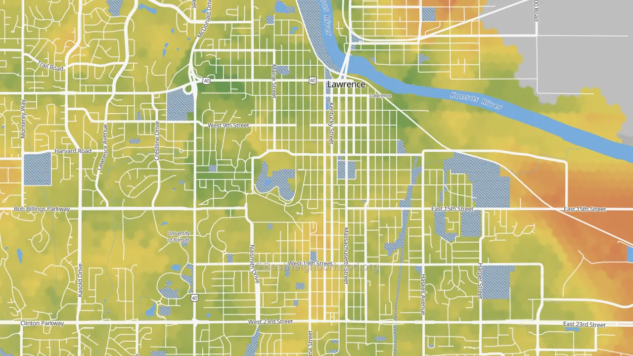Bike Grade map of Oread, Lawrence, KS
