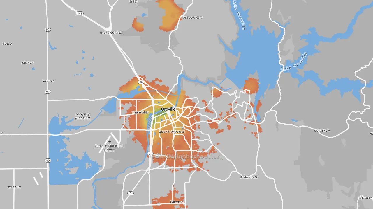 Bike Grade map of Oroville, CA