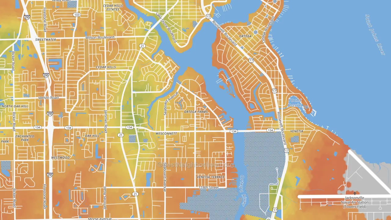 Bike Grade map of Ortega Farms, Jacksonville, FL