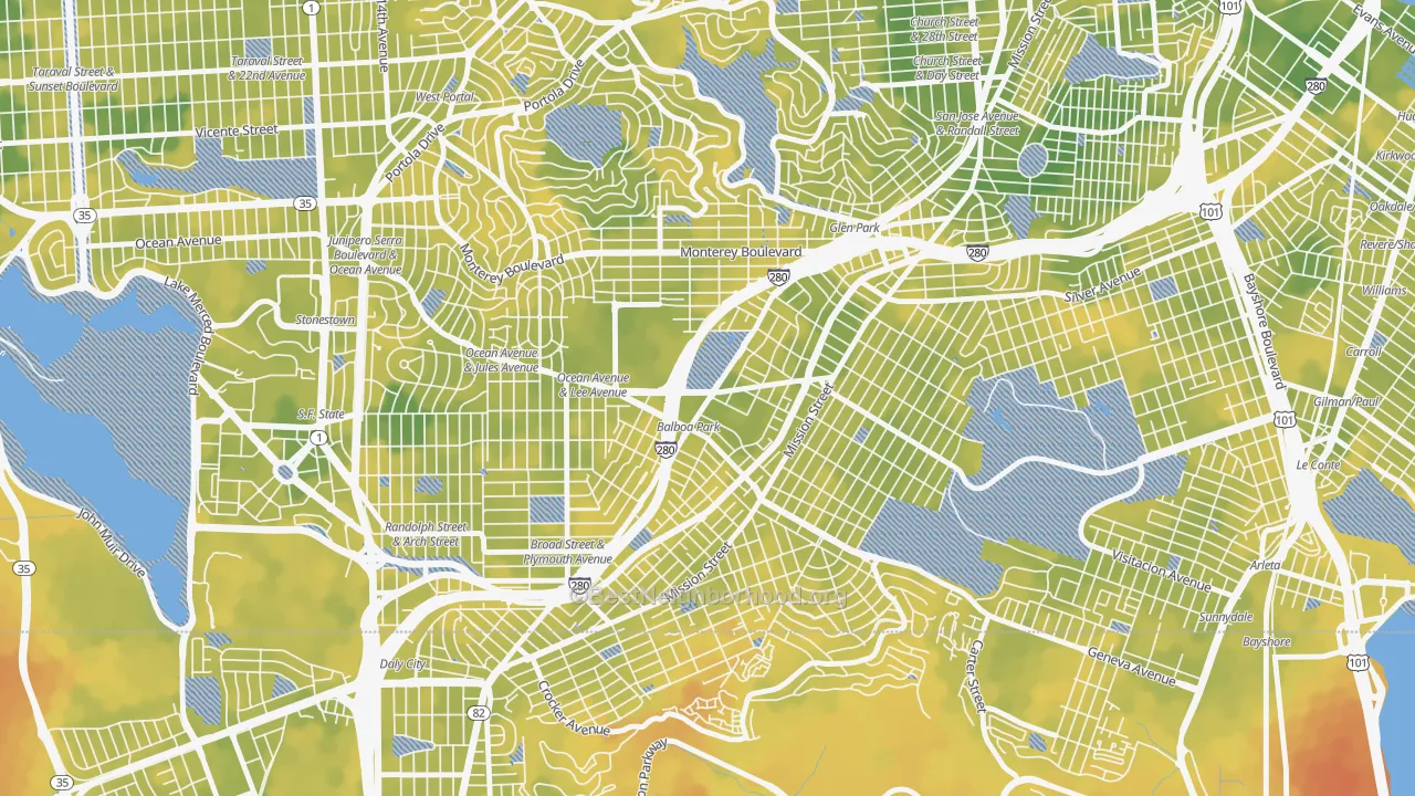 Bike Grade map of Outer Mission, San Francisco, CA