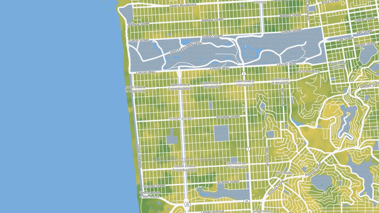 Bike Grade map of Outer Sunset, San Francisco, CA