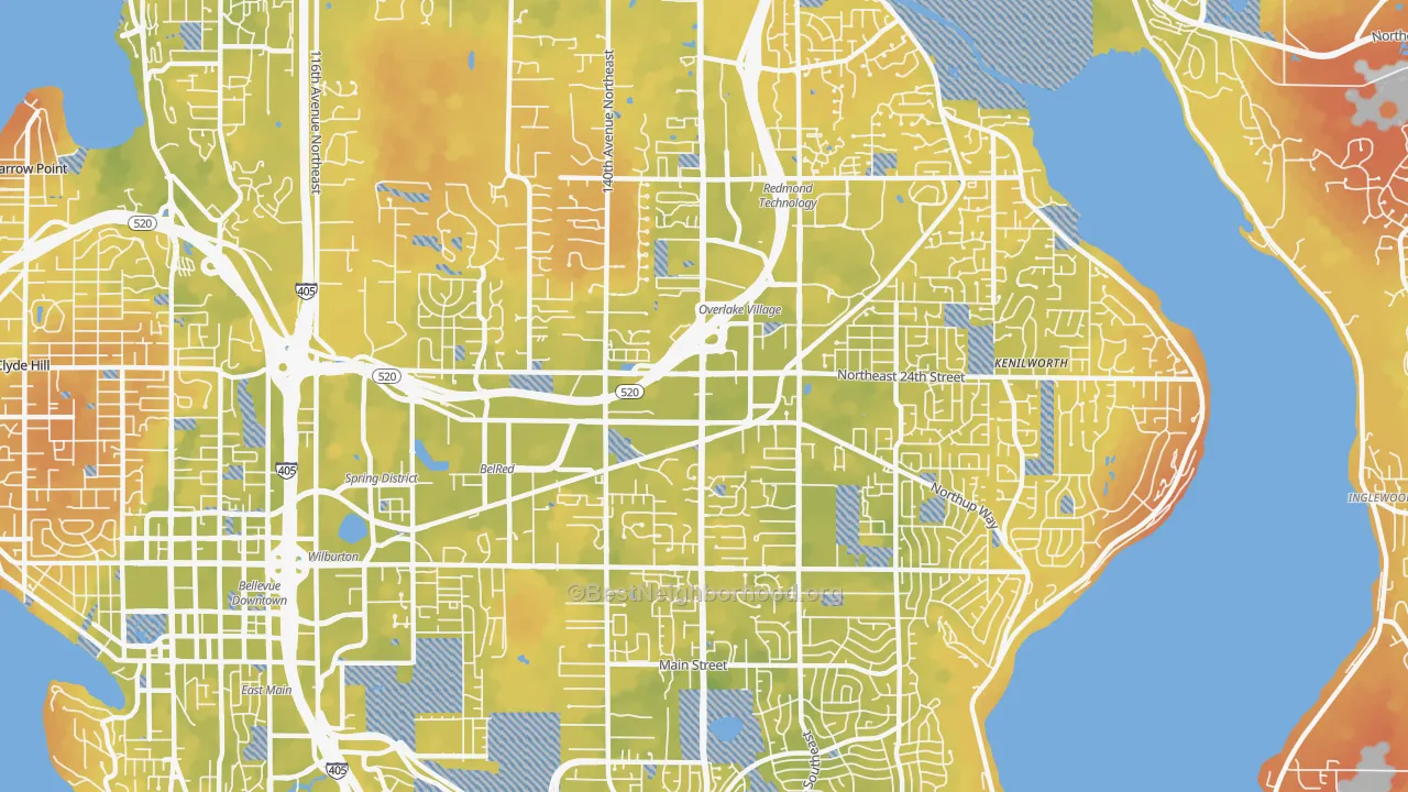 Bike Grade map of Overlake, Bellevue, WA