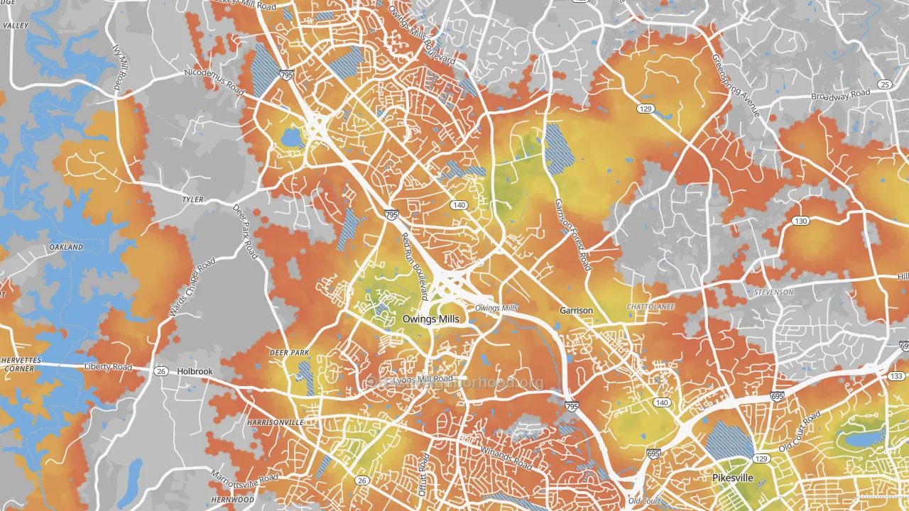 Bike Grade map of Owings Mills, MD