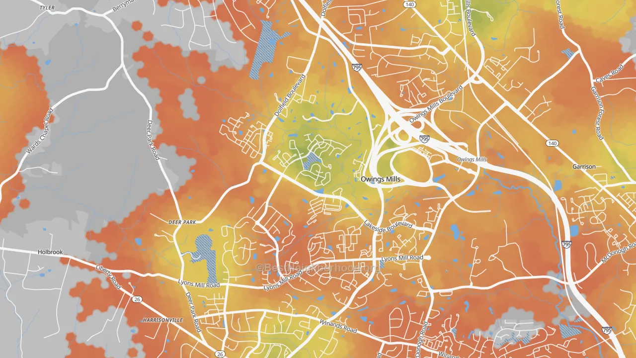 Bike Grade map of Owings Mills New Town, Owings Mills, MD