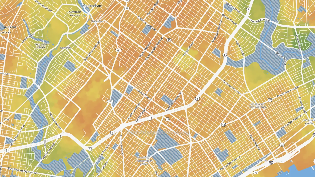 Bike Grade map of Oxford Circle, Philadelphia, PA