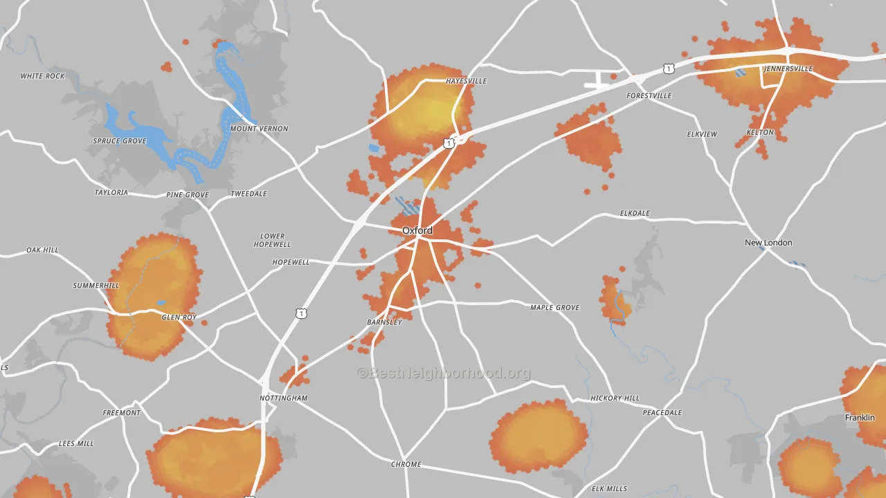 Bike Grade map of Oxford, PA