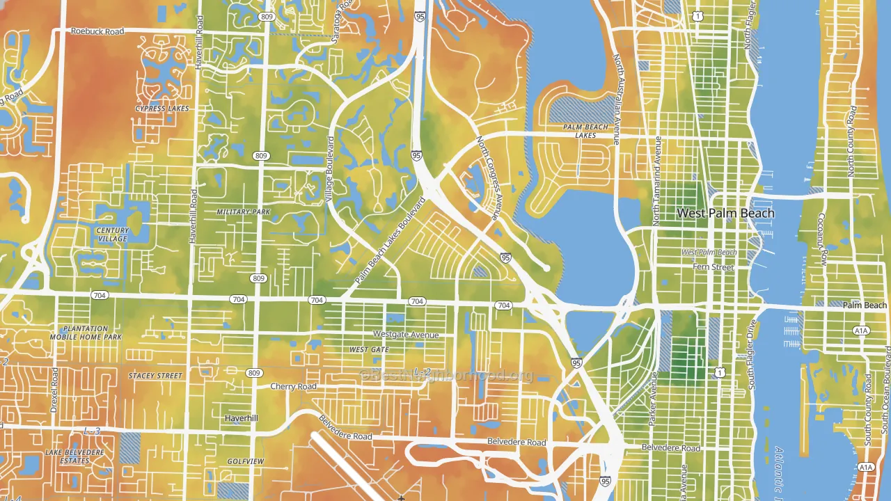 Bike Grade map of Palm Beach Lakes, West Palm Beach, FL