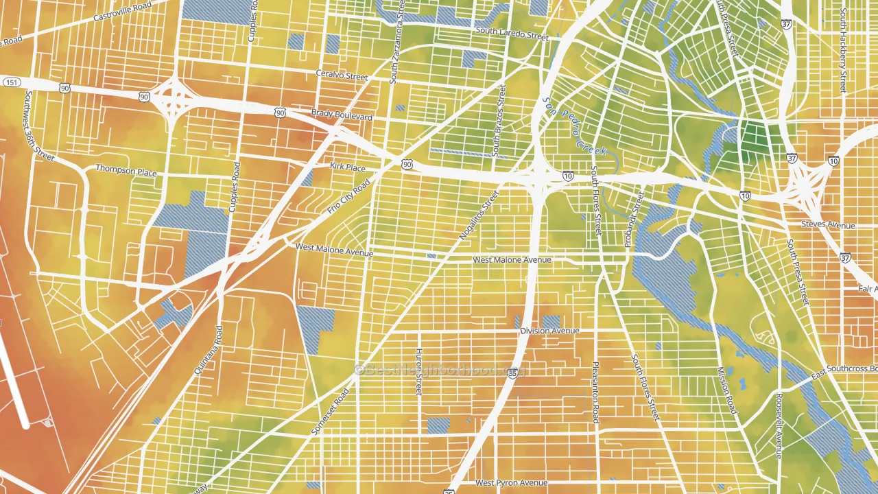 Bike Grade map of Palm Heights, San Antonio, TX