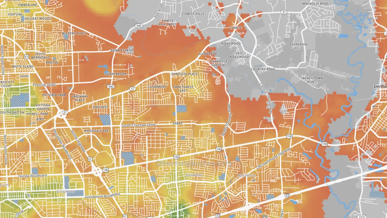 Bike Grade map of Park Forest-Louisiana North, Baton Rouge, LA