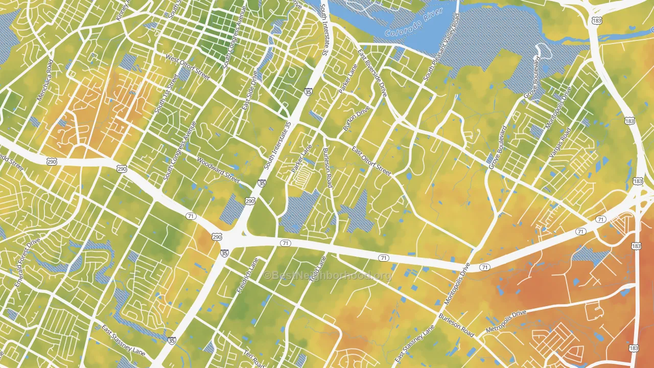 Bike Grade map of Parker Lane, Austin, TX