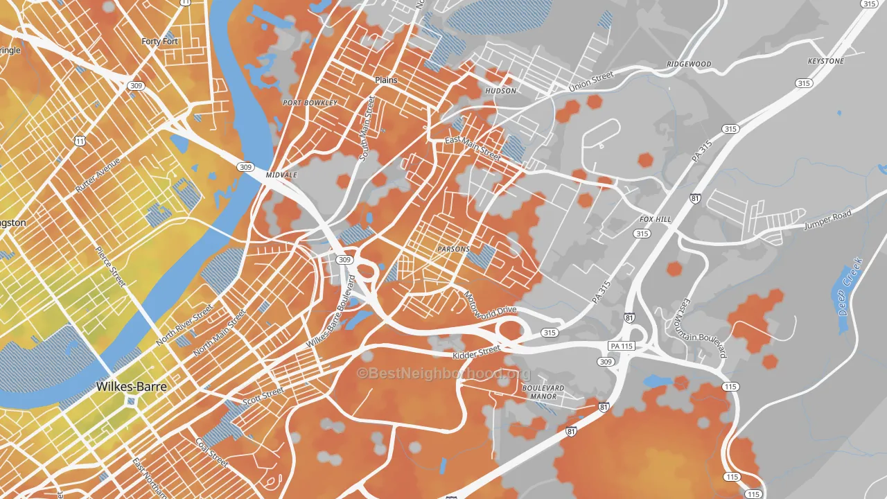 Bike Grade map of Parsons, Wilkes-Barre, PA