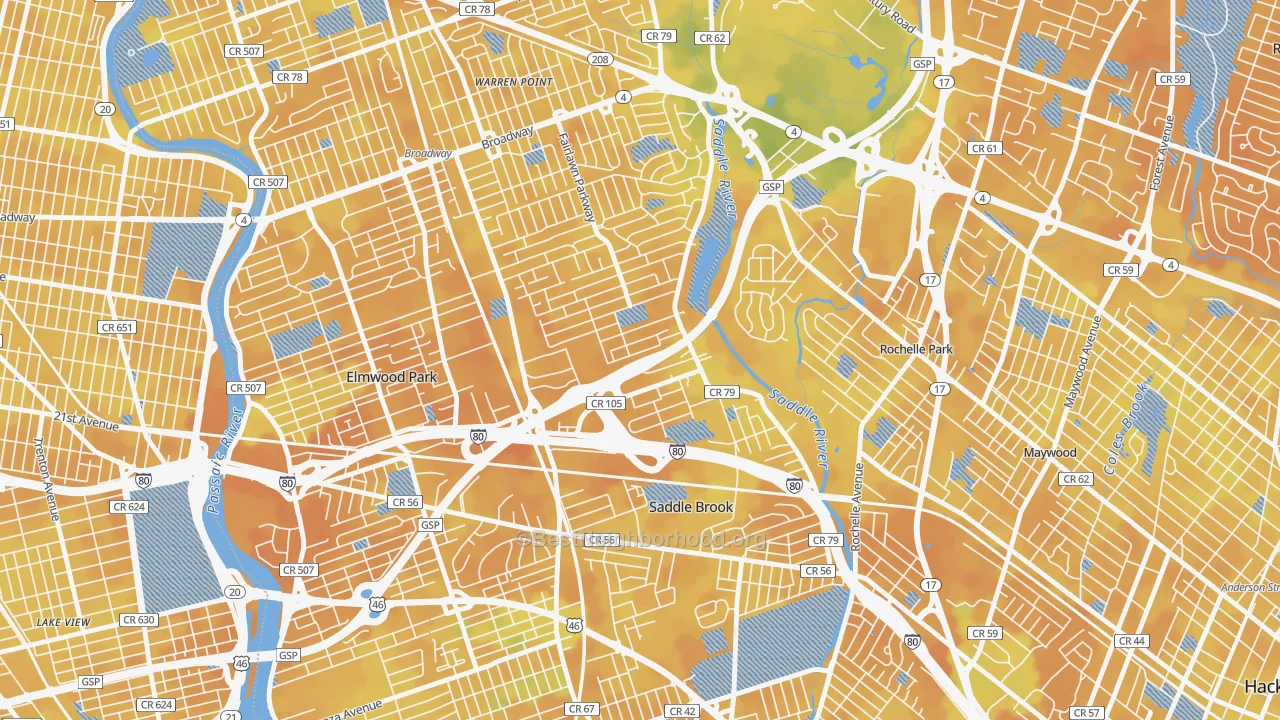 Bike Grade map of Passaic Junction, Saddle Brook, NJ