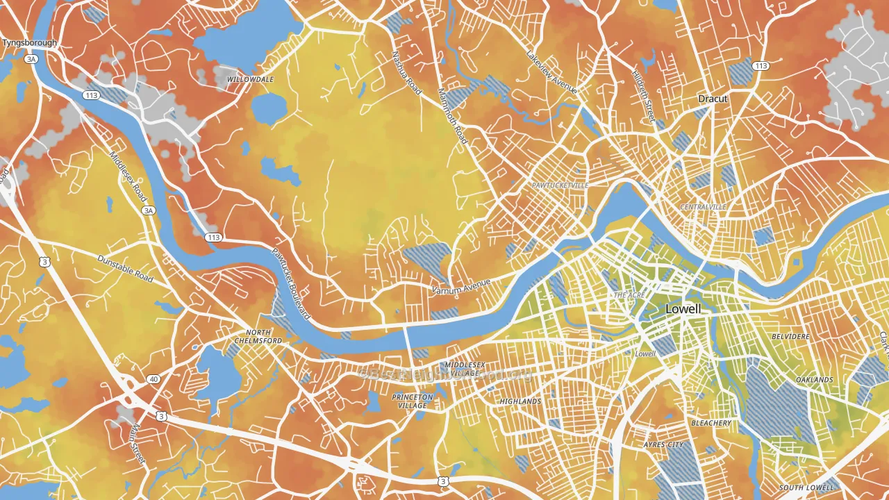 Bike Grade map of Pawtucketville, Lowell, MA