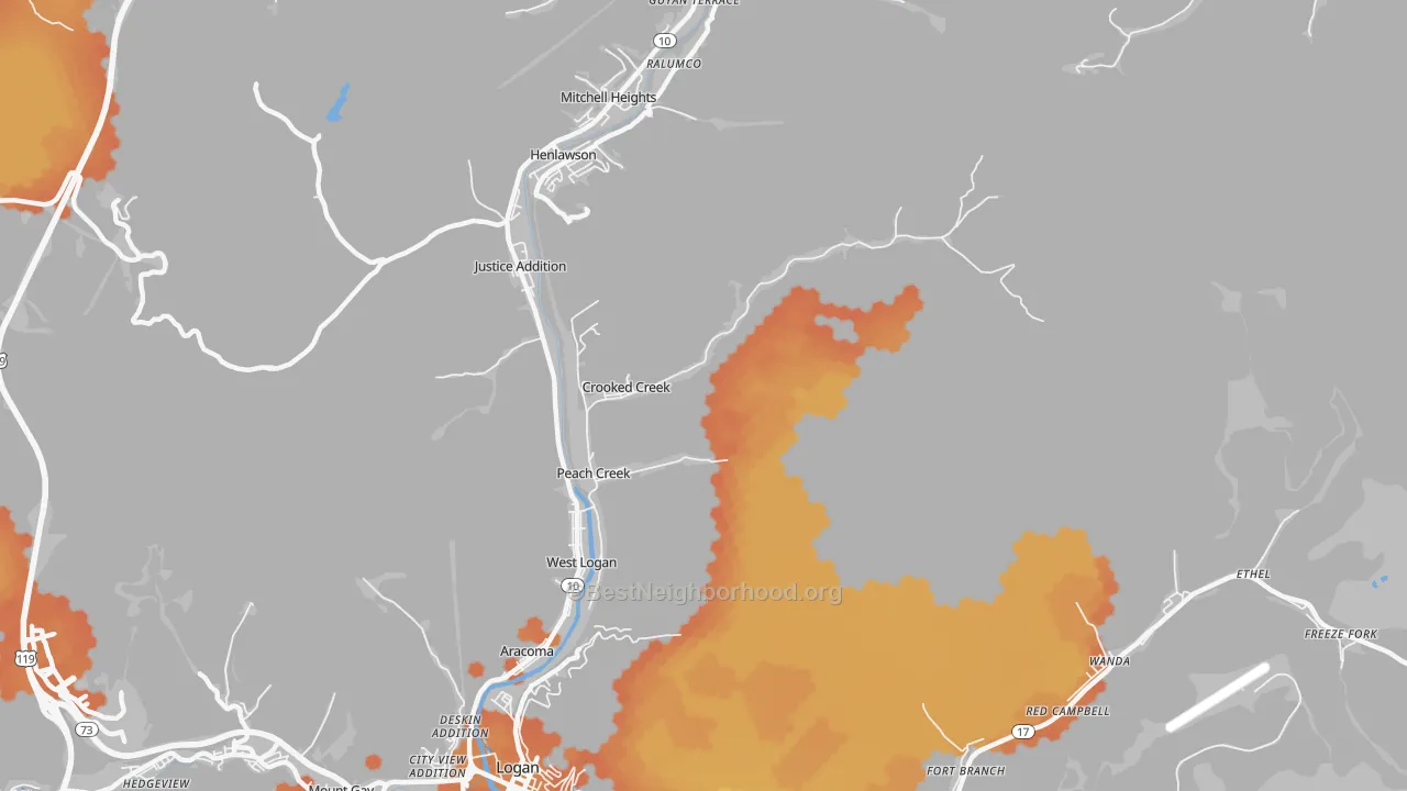 Bike Grade map of Peach Creek, WV