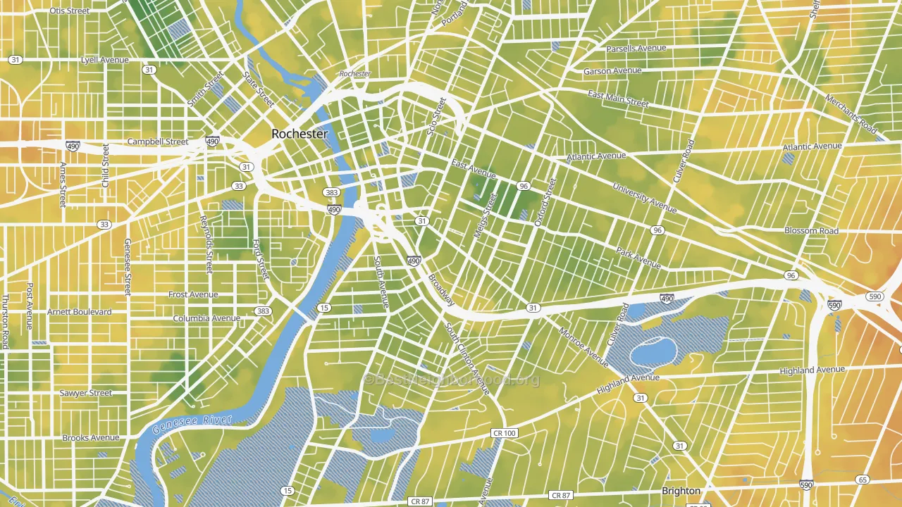 Bike Grade map of Pearl-Meigs-Monroe, Rochester, NY