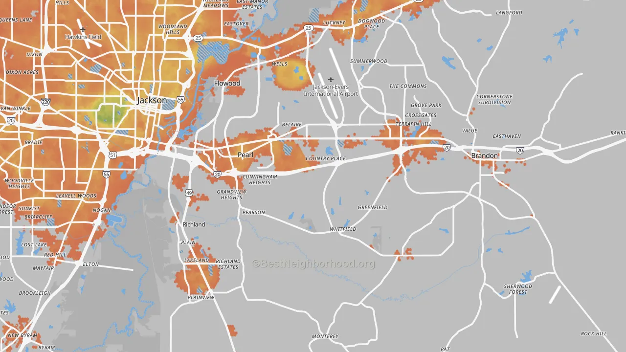 Bike Grade map of Pearl, MS
