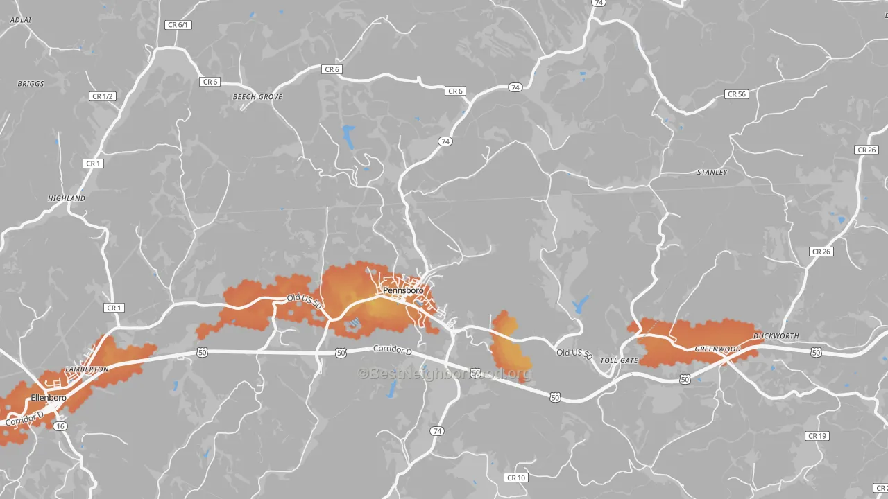 Bike Grade map of Pennsboro, WV