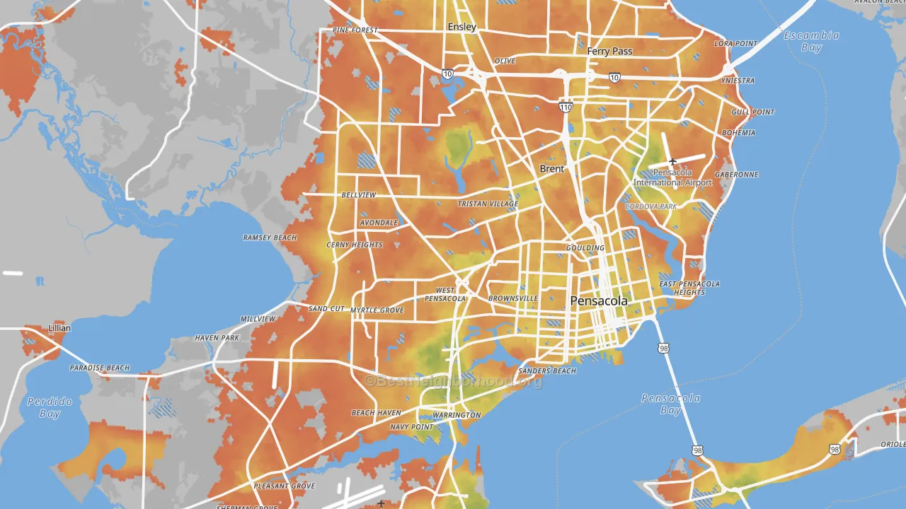Bike Grade map of Pensacola, FL
