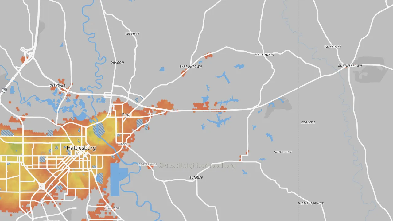 Bike Grade map of Petal, MS